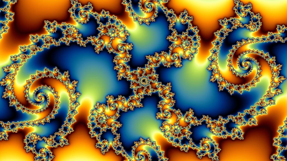 Spiral arms of filigree in blue, orange, and pale green winding round a center whose copy is too small to see.