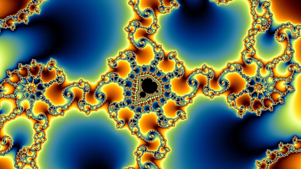 A small black copy of the set at the center of a cross of filigree, between broad smooth fields of blue.