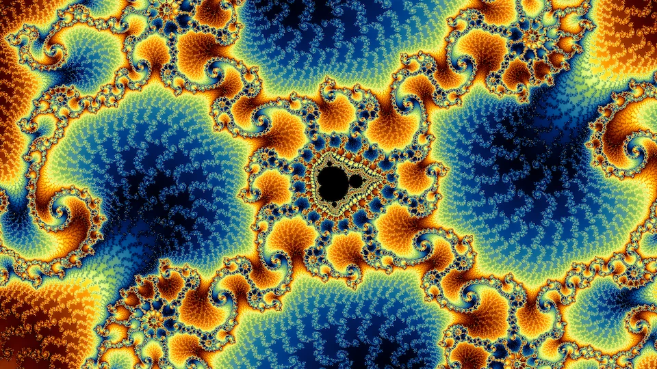B's cross and its copy again, inside A's copy and turned by 134 degrees, the blue fields grained with finer filigree.