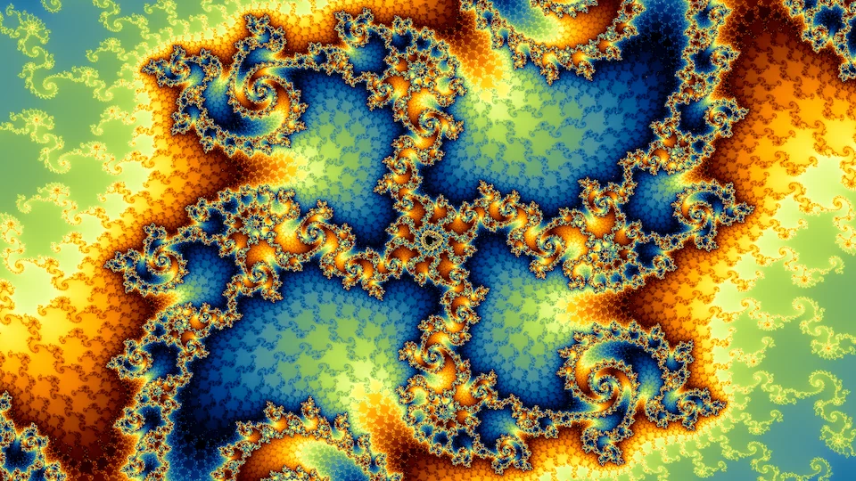 A's spirals again, inside B's copy and turned by 52 degrees, with finer filigree grained through the smooth fields.