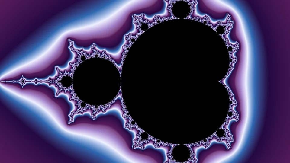 The whole Mandelbrot set, black on banded color.