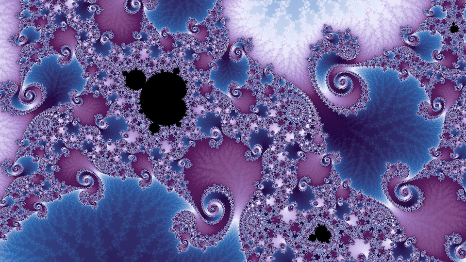 The last frame, about a billionth wide: a tiny copy among dense spirals in purple and blue.