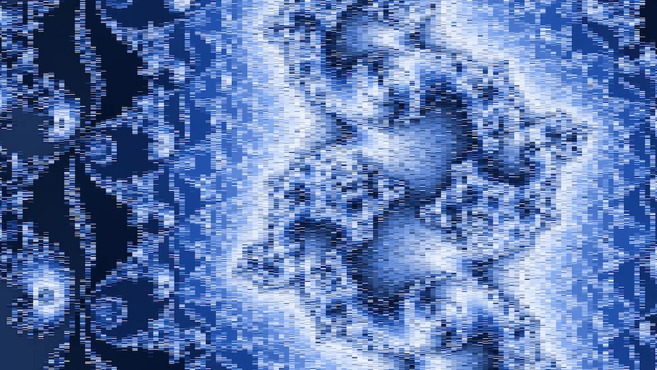 The frame computed in double precision: horizontal bars and flat blocks of color where neighboring pixels round to the same coordinate, with the shapes of the true picture only roughly visible through them.