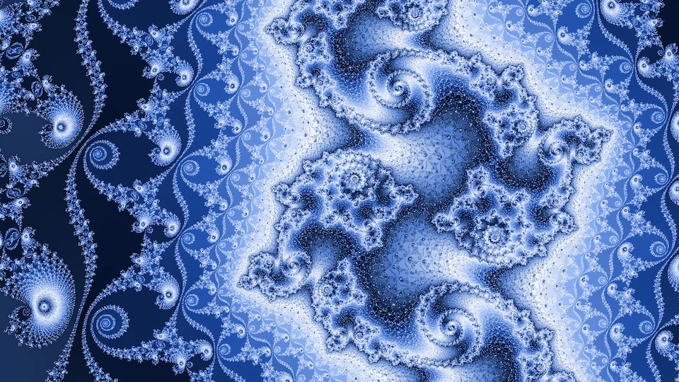 The same frame computed by perturbation: fine spirals and filigree in navy, blue, and white, sharp down to the pixel.