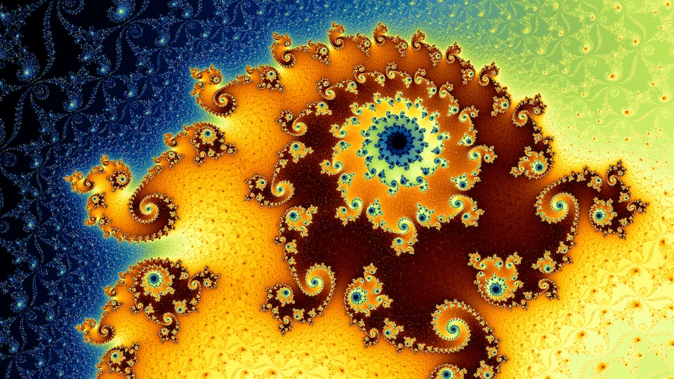 The video's final frame on the leveled scale: the spiral in dark red and orange over broad fields that run from deep blue to pale yellow.