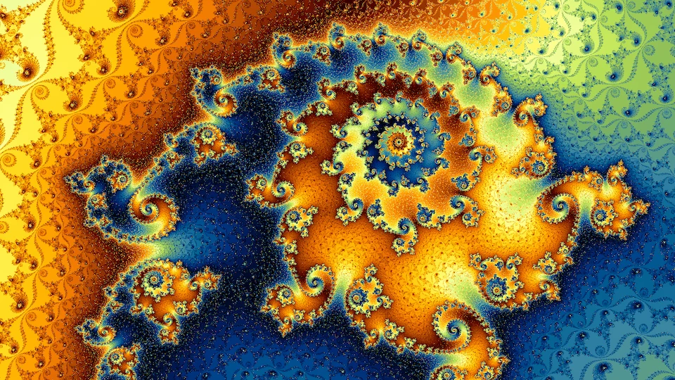 The same frame at a longer period: fewer, wider bands, so the spiral reads as orange and yellow arms over blue.