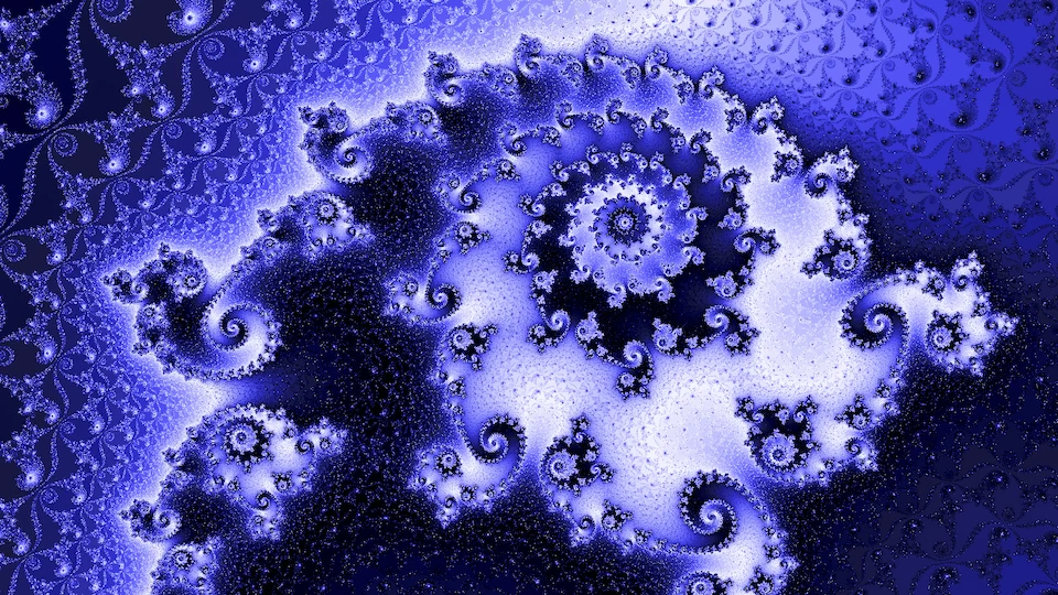 The same frame and pass in a palette of blues: the spiral in pale lavender and white over deep blue.