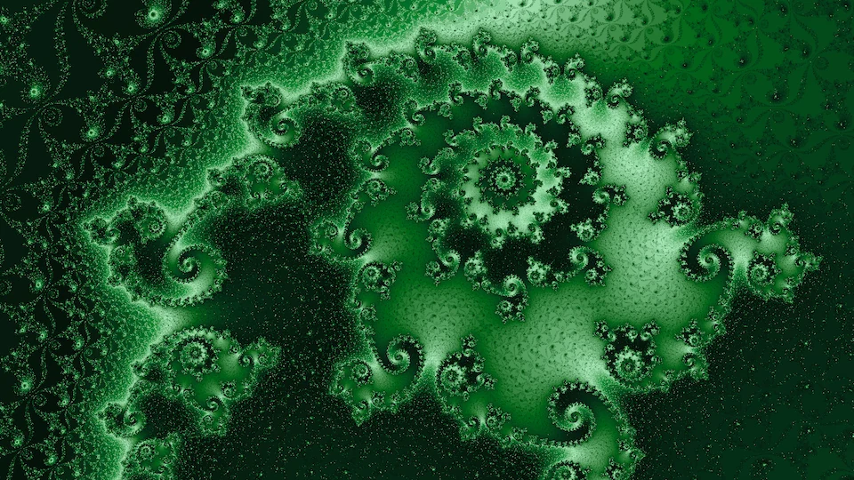 The same frame in a palette of greens: the spiral in pale green and white over dark green, flecked with fine points of light.