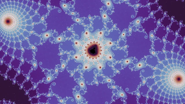 In the neutral palette, a small dark copy ringed in white, among chains of pale blue spirals on purple.