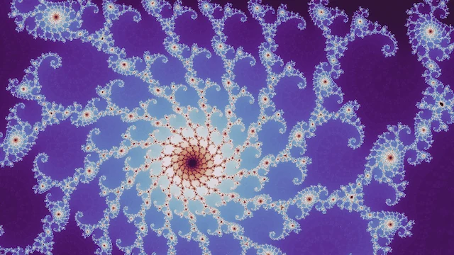 In the neutral palette, a spiral of pale blue filigree with a dark red center, its arms reaching across purple.