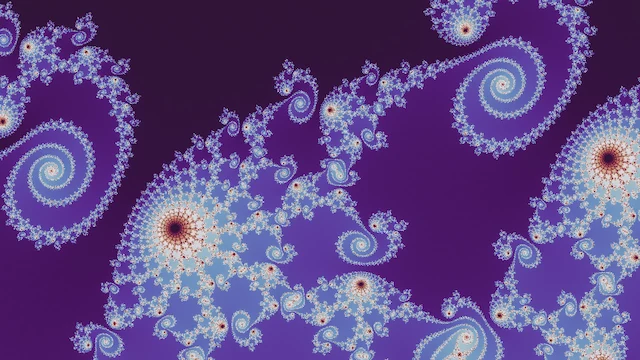 In the neutral palette, spirals of pale blue filigree, two with red centers, on dark purple.