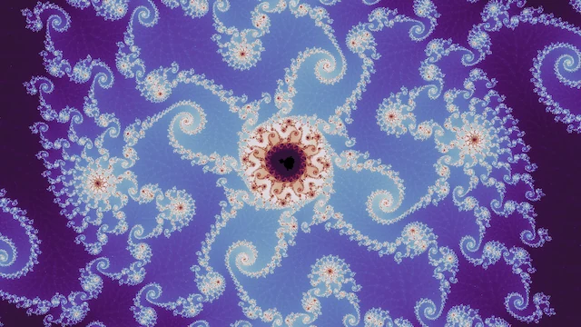 In the neutral palette, a small dark copy in a ring of red, at the center of pale blue pinwheel spirals on purple.
