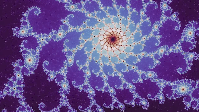 In the neutral palette, one spiral of pale blue filigree with a red center, on dark purple.