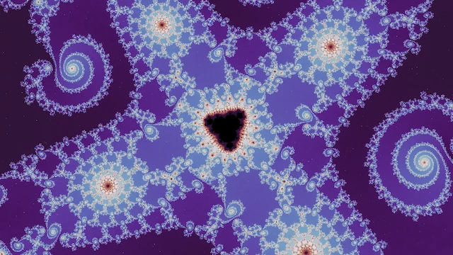 In the neutral palette, a black copy of the set among four arms of pale blue filigree, on purple.