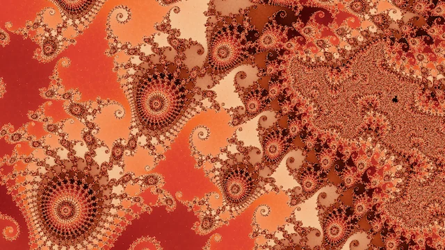 Rows of spirals in coral, cream, and brown filigree over orange-red.