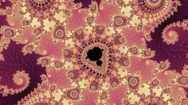 A small black copy of the set in a ring of pale gold filigree, among mauve spirals on dark plum.