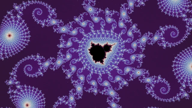 In the neutral palette, a black copy of the set among spirals of pale blue filigree on dark purple.
