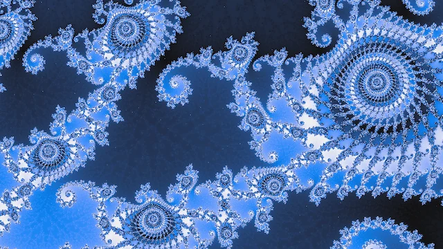 Chains of small blue spirals across dark slate, with one large spiral at the right.