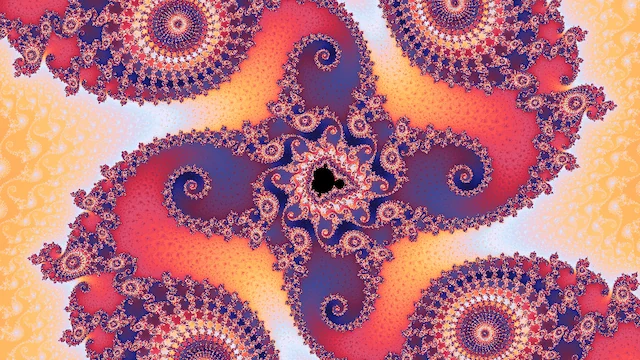 A small black copy of the set in a cross of rose and navy filigree, with spirals at its tips, on pale peach.
