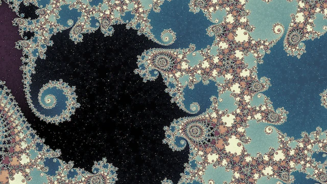 The edge of a broad black region lined with seahorse spirals, among teal and cream filigree.