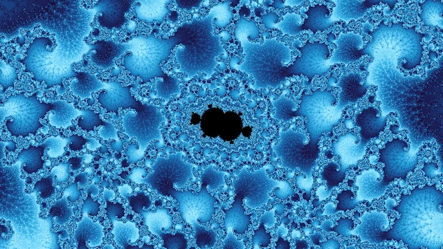 A small black copy of the set among curls of sky-blue filigree.