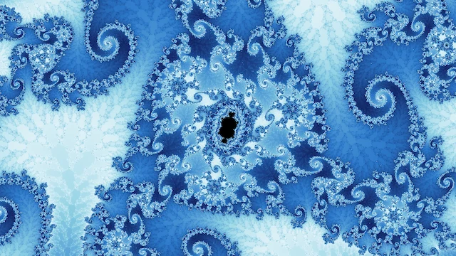 A small black copy of the set among spirals of blue filigree on pale ice blue.