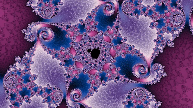 A small black copy of the set at the center of spiral arms in lavender, blue, and pink.
