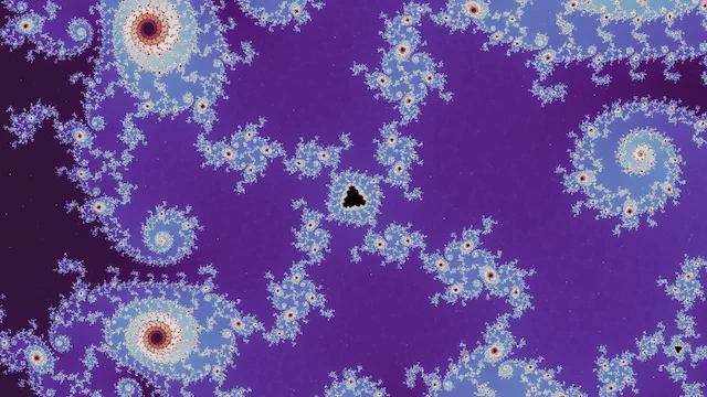 In the neutral palette, a tiny black copy on a thin thread of blue filigree, with spirals at the edges, on purple.
