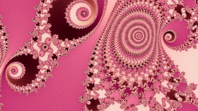 One large spiral of pink filigree beside smaller ones, over rose and deep maroon.