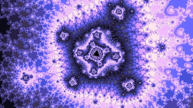 A tiny copy of the set in square rings of lilac filigree, on periwinkle and near-black.