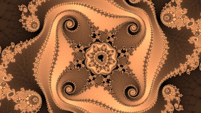 A four-armed pinwheel of peach filigree around a small dark copy, on brown.