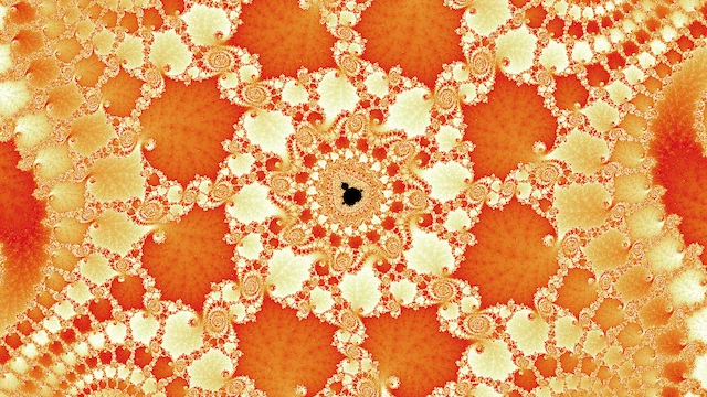 A small black copy of the set in a web of cream filigree over orange and red.