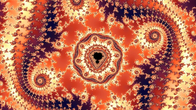 A small black copy of the set in a ring of filigree, among spiral arms in orange, cream, and deep purple.