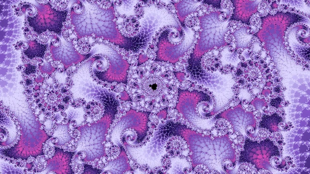 A tiny copy of the set at the center of pinwheel spirals in lavender, violet, and magenta.