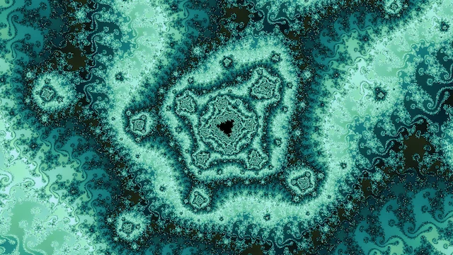 A tiny copy of the set in pentagonal rings of mint and dark teal filigree.