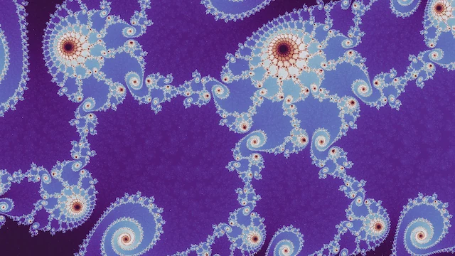 In the neutral palette, chains of pale blue spirals with bright centers, on purple.