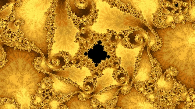 A small black copy of the set among spiral arms of gold filigree on yellow.