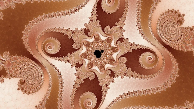 A small black copy of the set at the center of a four-armed pinwheel in rust, cream, and pale pink.