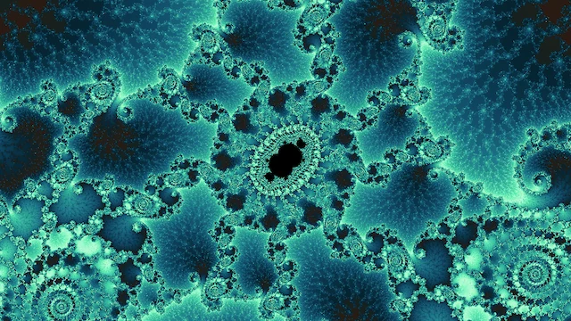 A small black copy of the set ringed in aqua filigree, among spirals on dark teal.