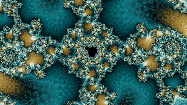 A small black copy of the set in a chain of cream and teal filigree, between dark teal pools and patches of ochre.