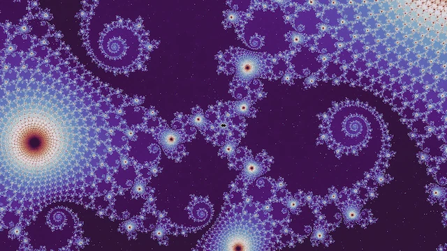In the neutral palette, arms of pale blue filigree spiraling out from a bright center at the left, on dark purple.