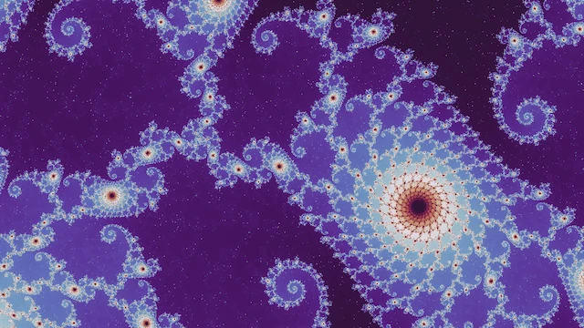 In the neutral palette, one large spiral with a red center among chains of blue filigree, on purple.