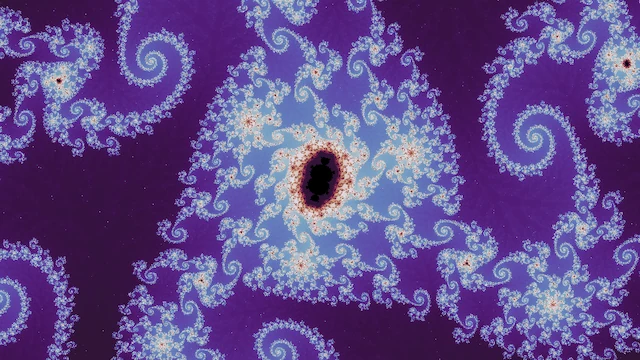 In the neutral palette, a small black copy in a triangle of pale blue filigree, among spirals on purple.