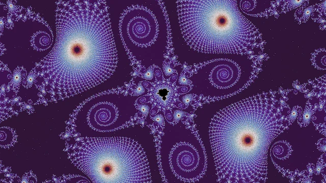 In the neutral palette, a tiny black copy at the center of five large white spirals, on dark purple.