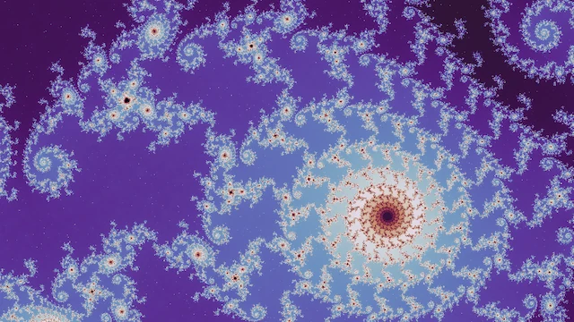 In the neutral palette, one wide spiral of pale blue filigree with a red center, on purple.
