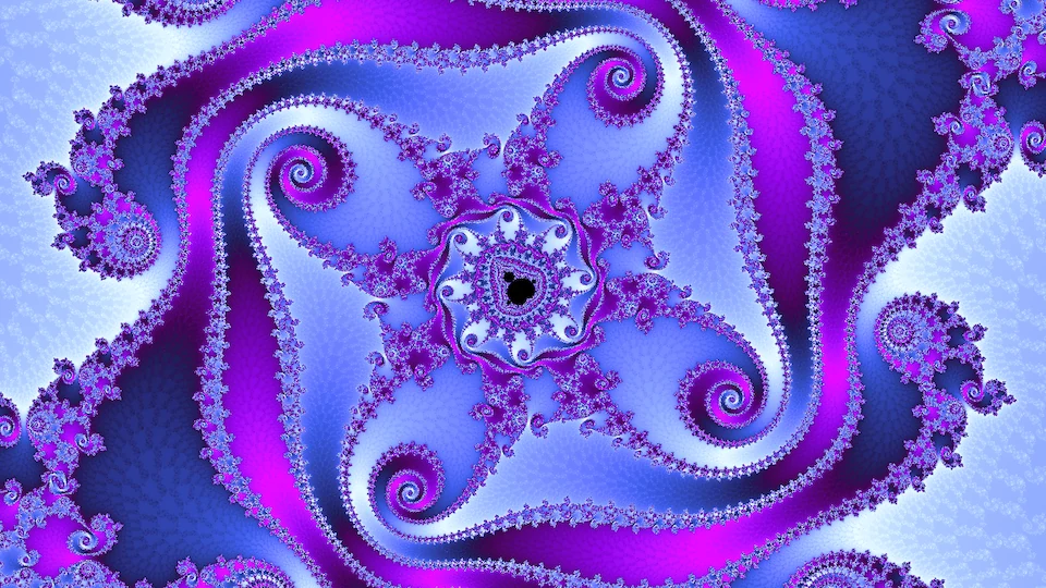 A tiny copy of the Mandelbrot set at the center of a pinwheel of spiral arms in magenta, violet, and pale blue.