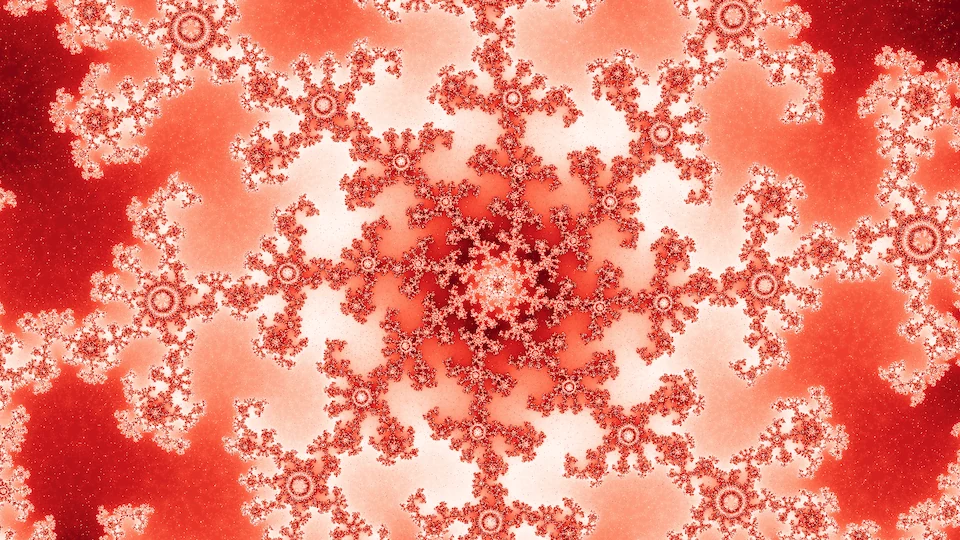 The degree-6 Julia set for that point, at the same center and width: a six-armed star of red and white filigree.