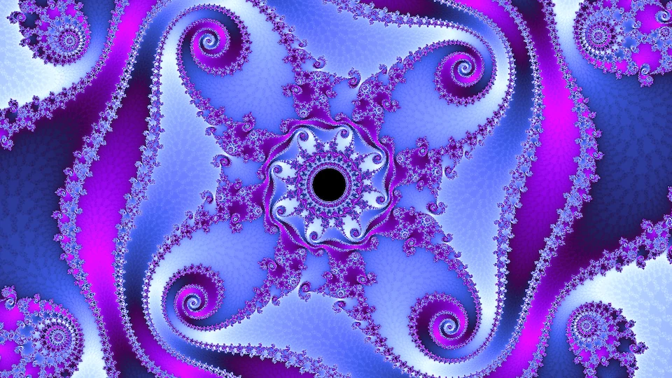 The Julia set for that point, zoomed in close to it: a four-armed pinwheel of spirals in violet and magenta around a small black island.