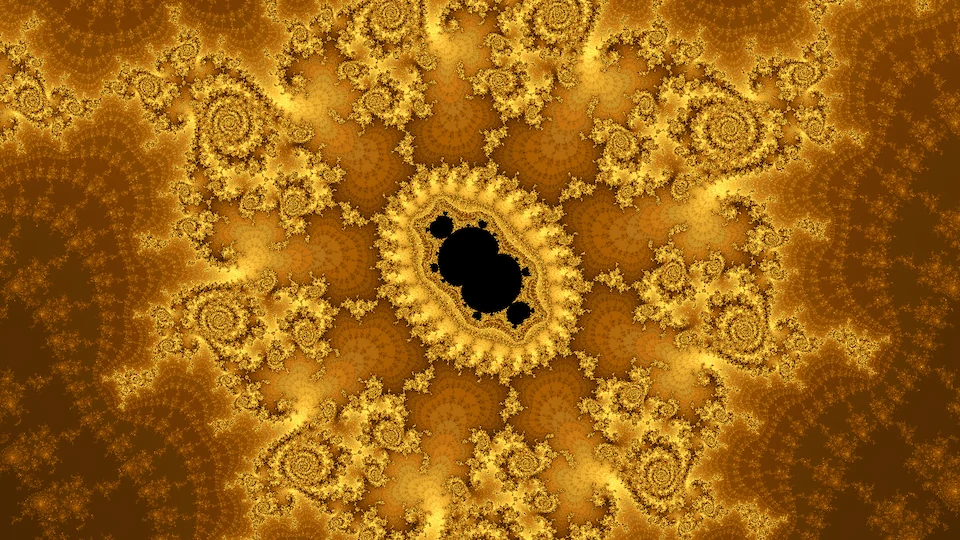 A small black copy of the degree-3 multibrot in a ring of gold filigree, with branching arms on amber.