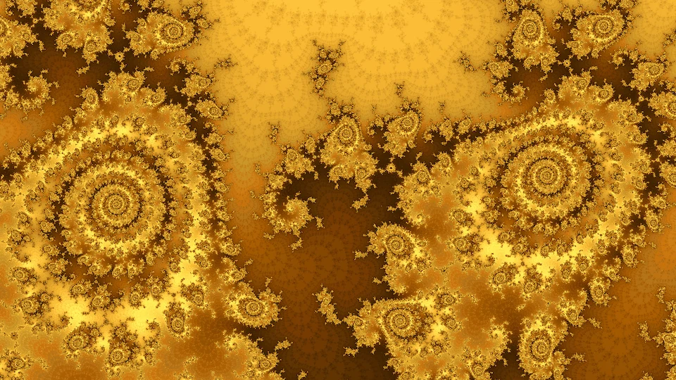 The degree-3 Julia set for that point, zoomed in close to it: two large spirals of gold filigree on amber and brown.